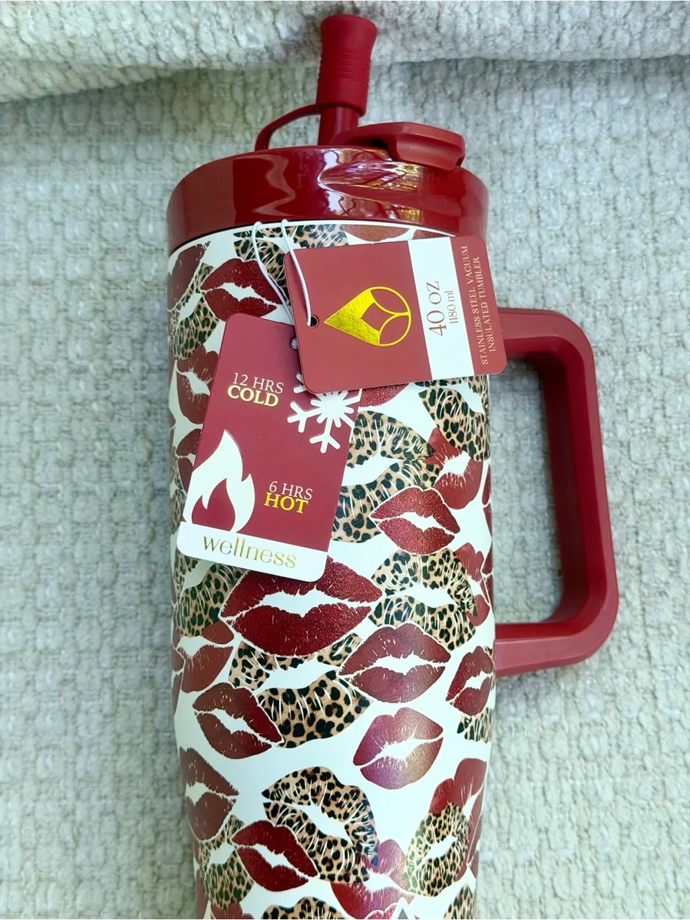 Wellness Straw Tumbler 40oz Leopard Print Kiss Red Glitter Lipstick Hot/Cold NWT